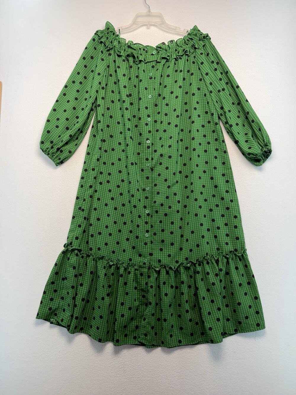 Who What Wear Green PolkaDot Gingham Off Shoulder Ruffle Dress M Feminine Casual